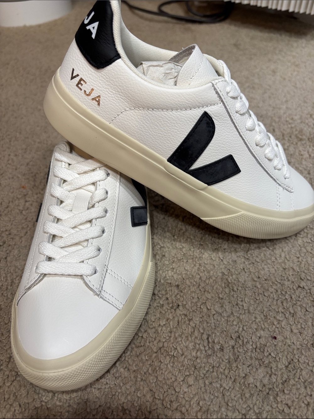 Veja White Leather Sneakers with Black V and Cream Sole